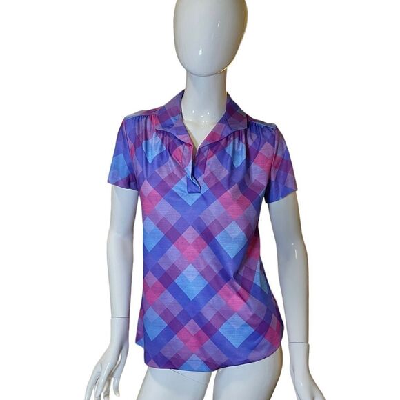 Vintage Tops - Vintage 70s Argyle Plaid Short Sleeve Blouse Medium Magenta, Bubblegum Pink